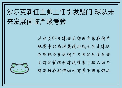 沙尔克新任主帅上任引发疑问 球队未来发展面临严峻考验
